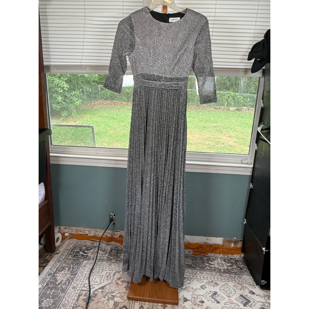 Faeriesty Silver Metallic‎ Pleated Maxi Dress 3/4 Sleeve Evening Gown XS 00379